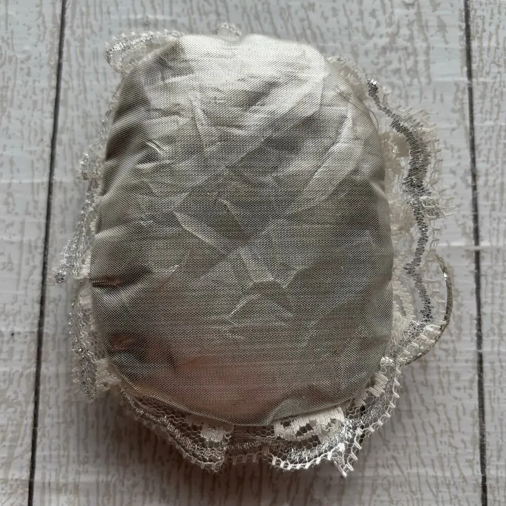 Vintage Angel Face Christmas Ornament Silver Lace Pearl